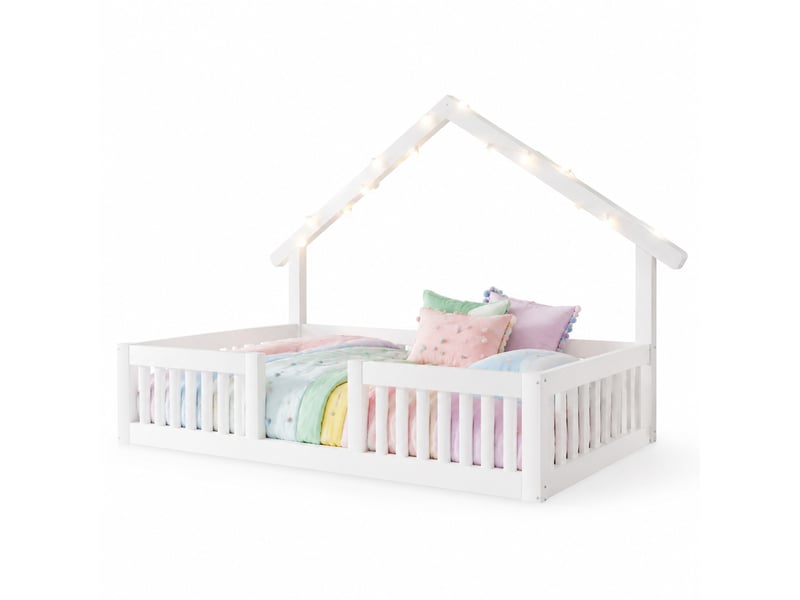  Lit cabane enfant modenvie 90 x 200 cm avec barrière de sécurité led mdf et pin blanc  - Conforama A