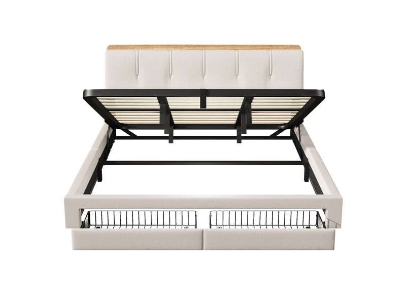  Lit coffre 180x200 cm, lit double, rangement hydraulique, led, lin beige, usb et usb-c  - Conforama B