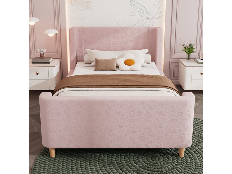  Lit enfant rembourré 90 x 200 cm, motif astronaute, pieds en bois massif, tête de lit rembourrée, sommier à lattes, pour la chambre, velours, rose ABC - Conforama E