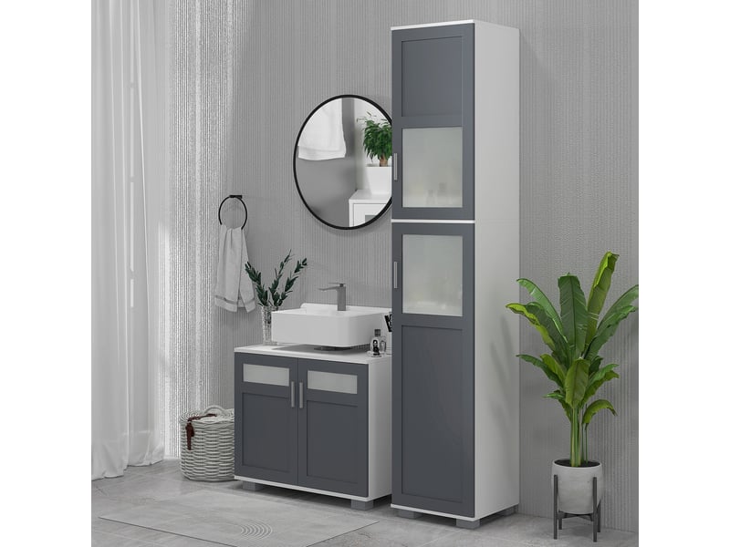  Armoire de salle de bain haute, colonne de salle de bain avec 2 portes en verre trempé et étagères réglables, 37 x 35 x 190 cm, blanc et gris  - Conforama C