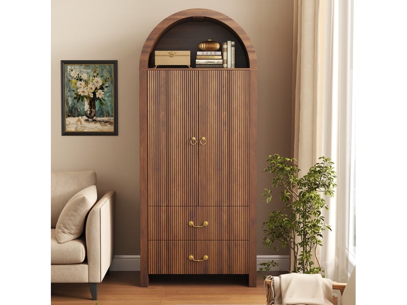 Buffet 76x38x180 cm, niche ouverte en arc, led, 2 portes et 2 tiroirs, mdf et panneau de particules, coloris noyer - Conforama D