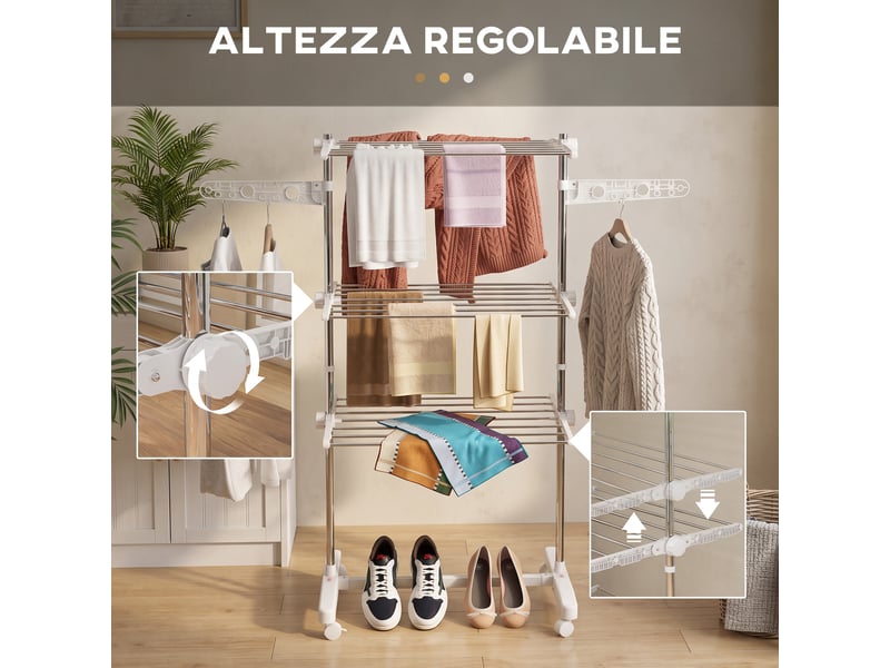 Étendoir à linge vertical pliable en acier et plastique avec 6 roulettes et 3 étagères réglables, 142 x 55 x 172 cm - Conforama E