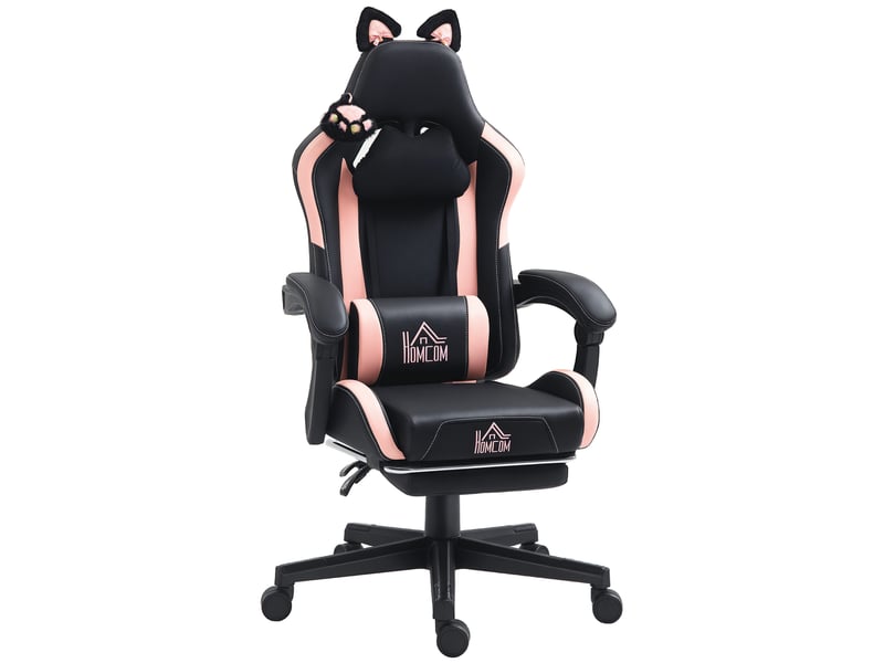  Fauteuil de jeu inclinable avec repose-pieds et coussins, similicuir et mousse, 65 x 62 x 116-124 cm, rose et noir  - Conforama A