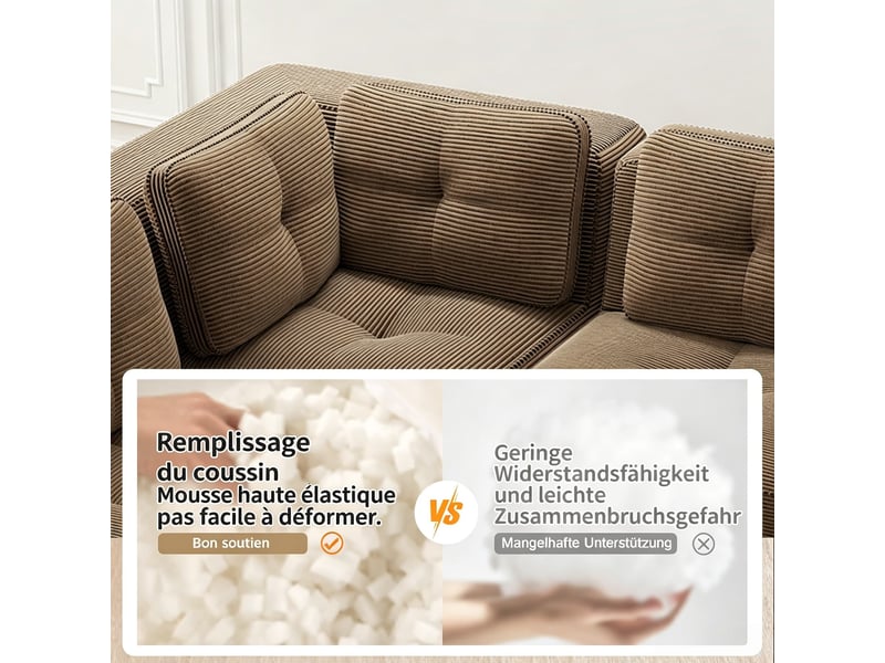  Canapé modulable combinable sans cadre, assise profonde en velours côtelé, salon ou bureau, 69 × 206 × 206 cm, marron  - Conforama E
