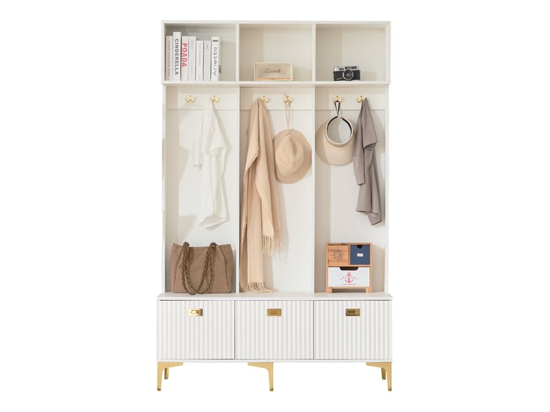  Meuble d'entrée avec banc, rangement ouvert et 6 crochets dorés, en panneaux de particules blanc, 120×23,5×191,5 cm  - Conforama A