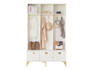 Meuble d'entrée avec banc, rangement ouvert et 6 crochets dorés, en panneaux de particules blanc, 120×23,5×191,5 cm