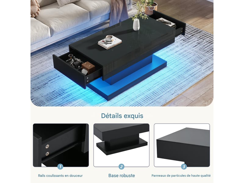  Table basse avec 2 tiroirs et led en panneau de particules noir 100x50x45 cm - pangivo  - Conforama D