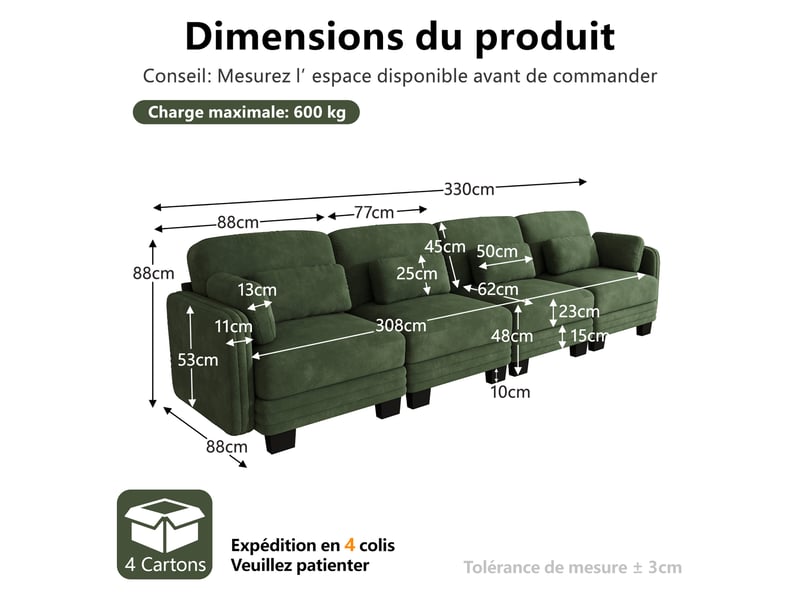  Canapé droit modulable 4 places 330x88x88 cm, forme ergonomique, coussins de soutien, chenille, vert  - Conforama C