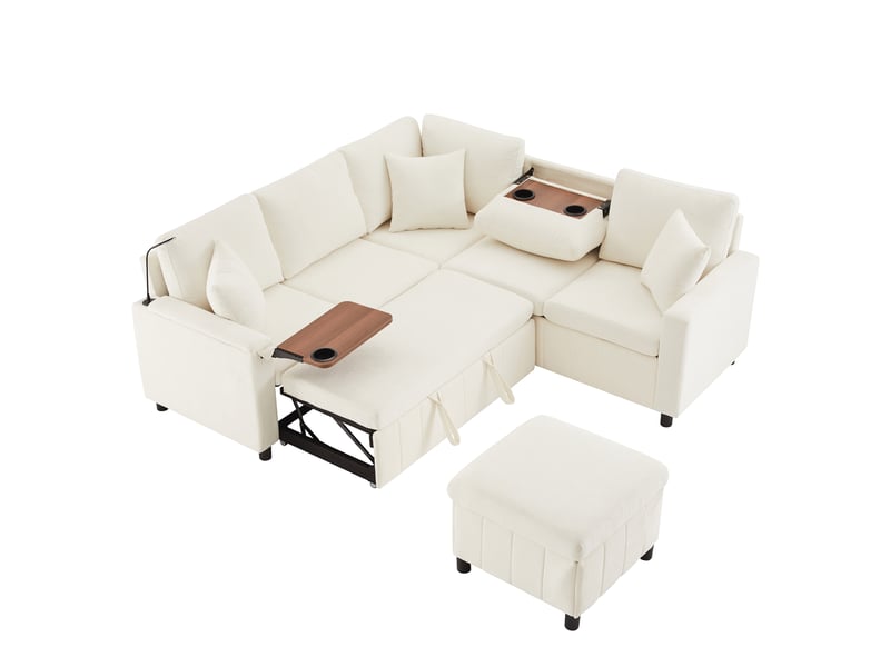  Canapé d'angle 5 places convertible en tissu chenille beige, 205×205×85 cm, pouf avec rangement, ports usb  - Conforama A