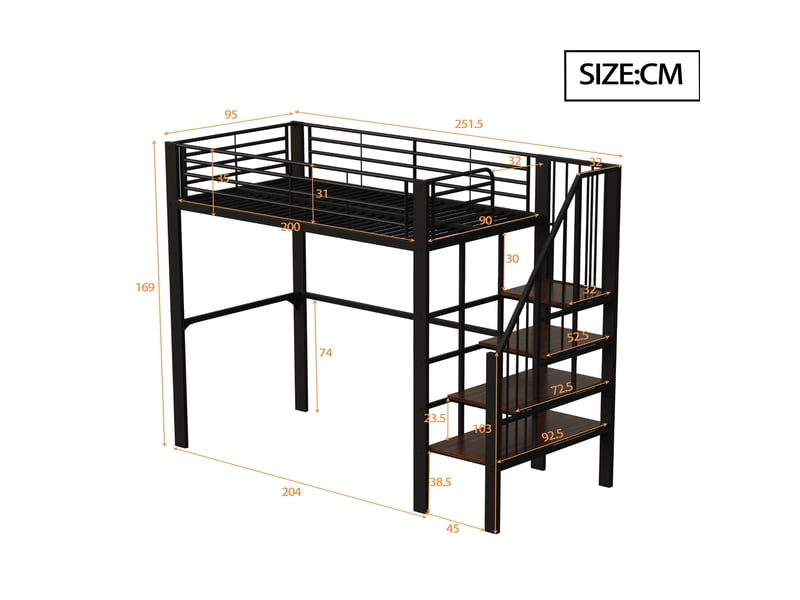  Lit mezzanine 90x200 cm structure métallique stable rangement sous-lit escalier intégré métal et bois noir sans matelas  - Conforama C