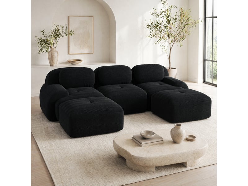  Canapé d'angle en u modulable modenvie 3 places 298 x 178 cm velours côtelé noir  - Conforama E