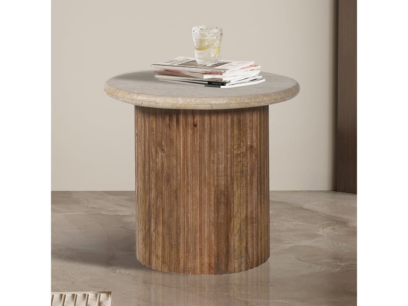  Table d'appoint en travertin et bois de manguier 50 cm  - Conforama A
