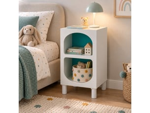 Table de chevet meuble de rangement blanc pour chambre d'enfant  avec 2 niches arquées à fond bleu-longueur 40 x profondeur 32 x hauteur 70 cm
