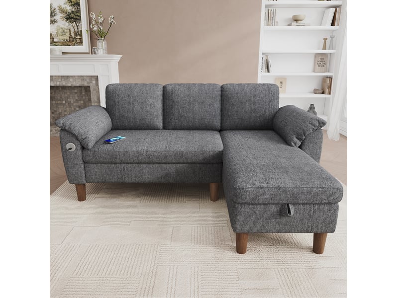 Canapé d'angle réversible 3 places avec coffre, ports usb et type-c, poches latérales en chenille gris clair - Conforama E