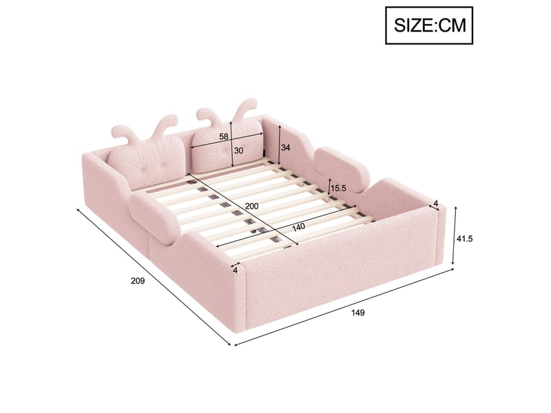 Lit enfant rembourré 140x200cm rose, tête de lit oreilles de lapin, coussin assorti, garde-corps intégrés et sommier à 12 lattes, pour la chambre - Conforama D
