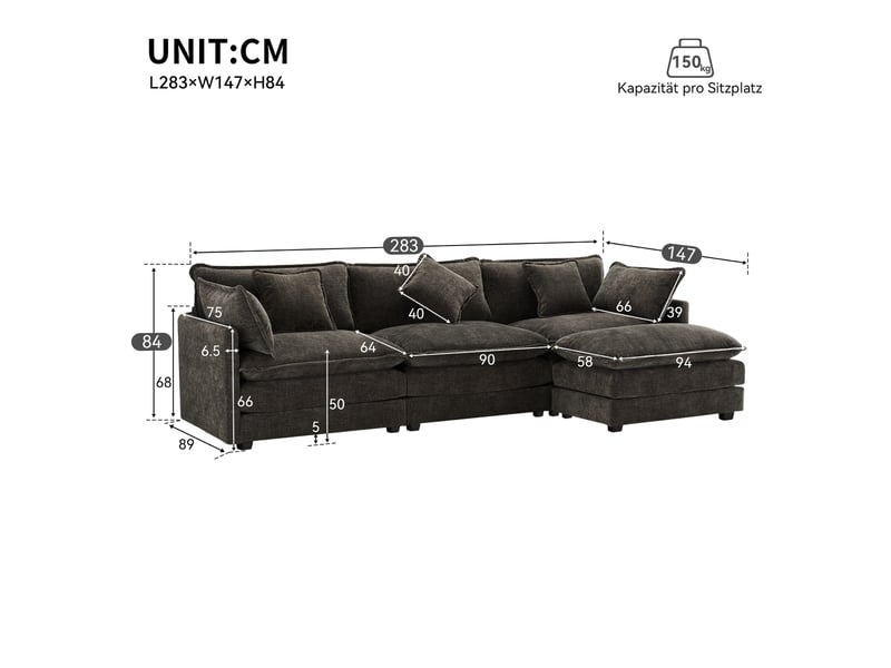  Canapé d'angle réversible 3 places avec pouf mobile et coussin lombaire, en chenille gris foncé 283 × 147 × 84 cm  - Conforama E