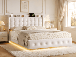 Lit 2 places moderne rembourré - blanc - tête de lit capitonnée avec étagère et led