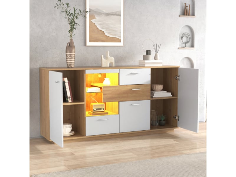  Buffet moderne avec espace de rangement et éclairage led, avec 2 portes, 4 tiroirs, étagère en verre, meuble de salon, 160x40x77cm  - Conforama C