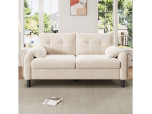 Canapé droit 2 places avec coussins, poches latérales et design scandinave en chenille beige 158 × 80 × 88,5 cm