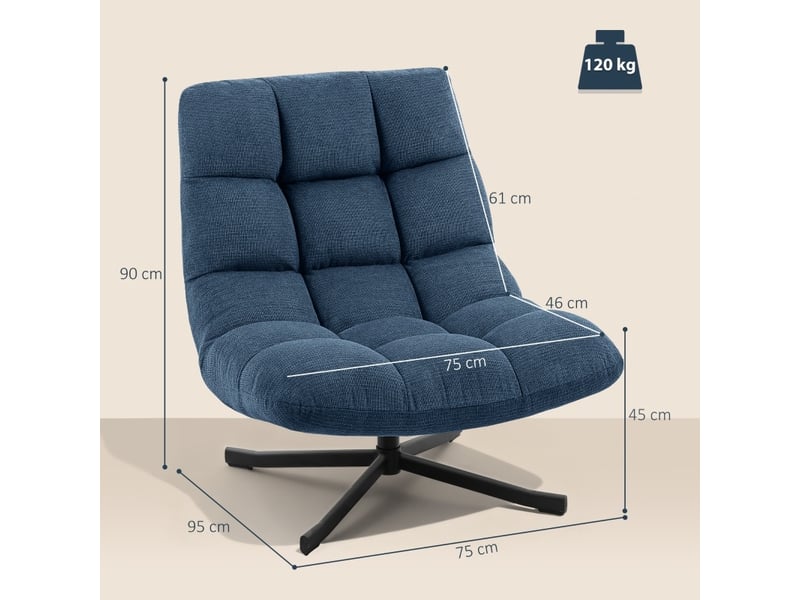  Fauteuil d'accent pivotant 75x95x90cm – fauteuil lounge individuel avec assise 360° et pieds croisés en métal –  chenille - bleu foncé  - Conforama C