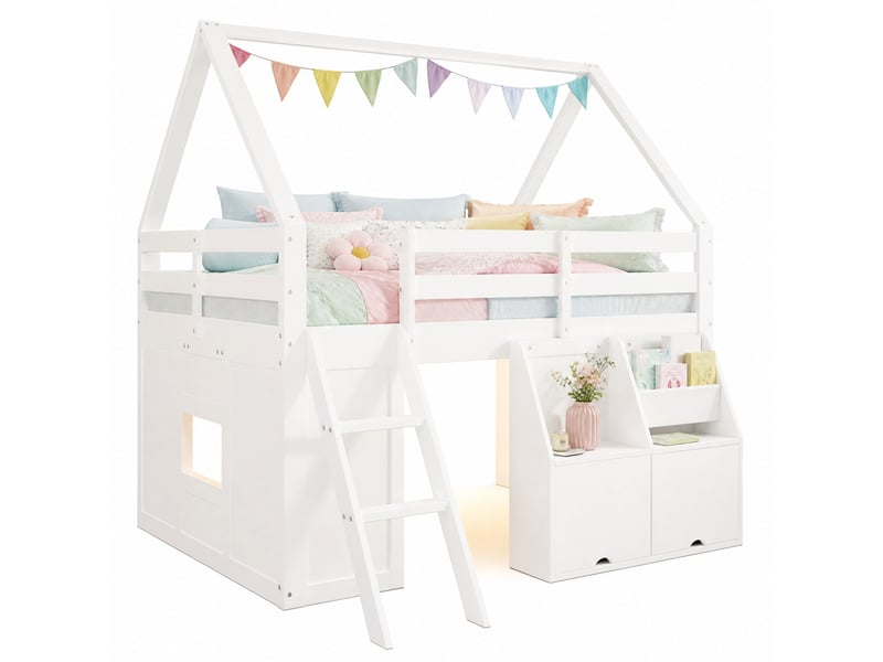  Lit mezzanine enfant modenvie maison avec échelle, led, rangements, mdf et pin, blanc 140 x 200 cm  - Conforama A
