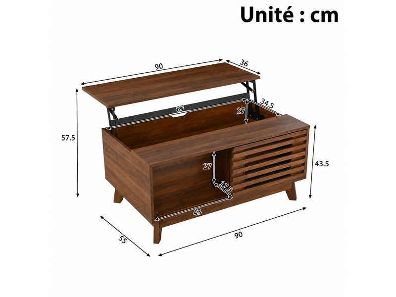  Table basse rectangulaire en mdf effet noyer avec plateau relevable et porte coulissante, 90 x 55 cm  - Conforama C