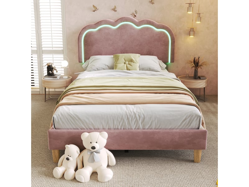  Lit simple rembourré en velours rose 90 x 200 cm, tête réglable, sommier à lattes et led  - Conforama B
