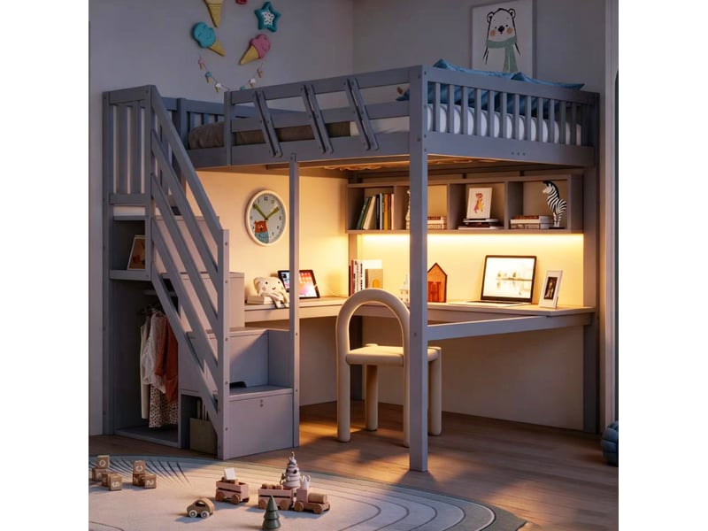  Lit mezzanine 140x200 cm avec bureau, escalier de rangement, led et usb, gris et blanc  - Conforama C
