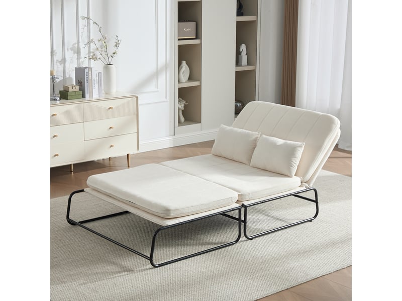  Fauteuil convertible 2 places avec poches latérales et coussin lombaire, structure métal, chenille beige  - Conforama C