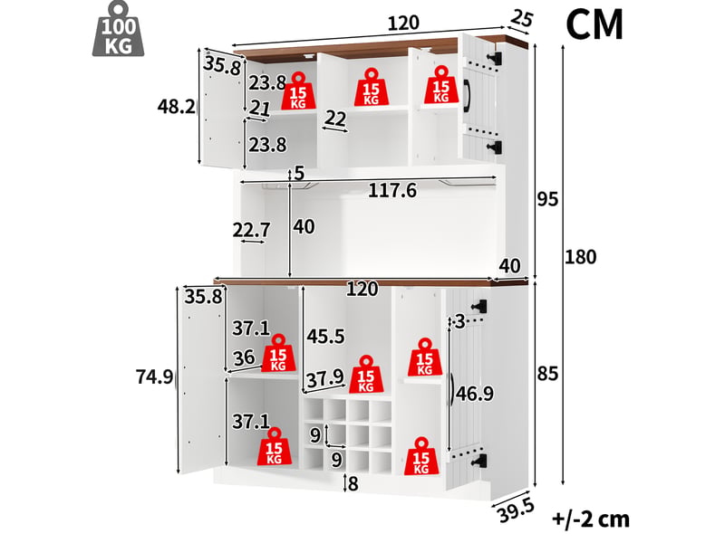 Haut buffet de cuisine 120x40x180 cm avec led rgb, casier à bouteilles, blanc  - Conforama C