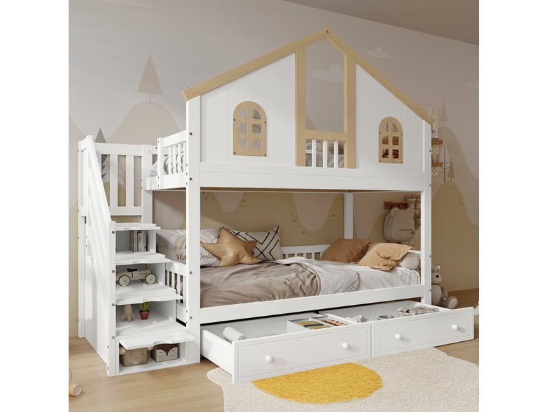 Lit superposé enfant 90x200 cm avec escalier rangement et tiroirs, blanc et naturel - Conforama E