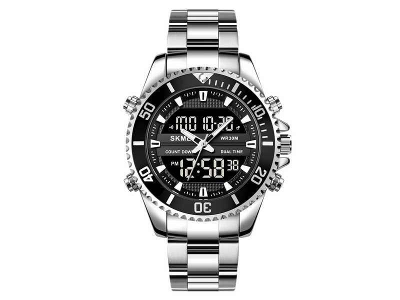 Montre de sport numérique pour homme (argent et noir), multifonctionnelle, étanche, avec fond de boîtier en acier inoxydable.