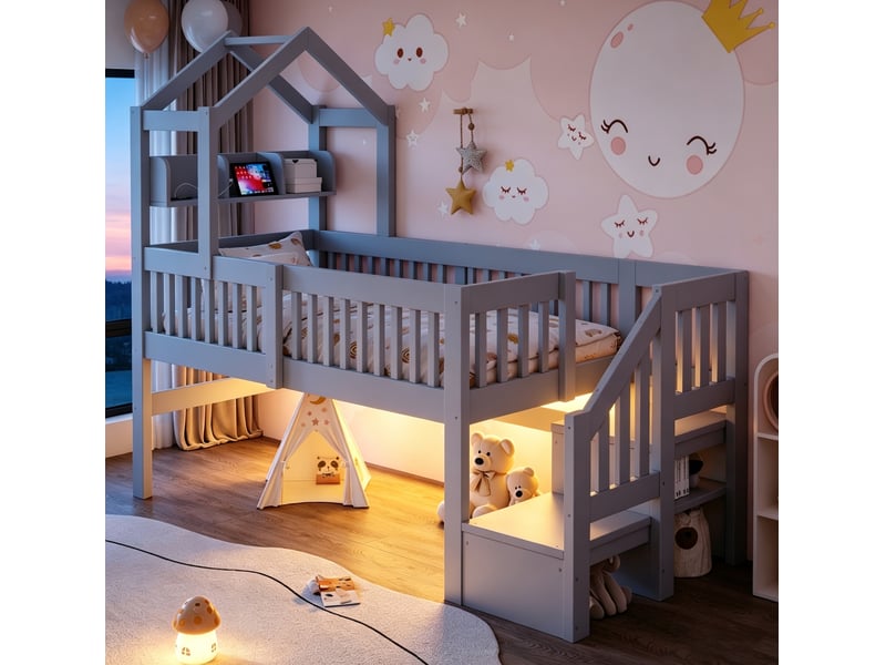  Lit mezzanine mi-hauteur enfant 90x200 cm avec escalier de rangement et led gris  - Conforama D