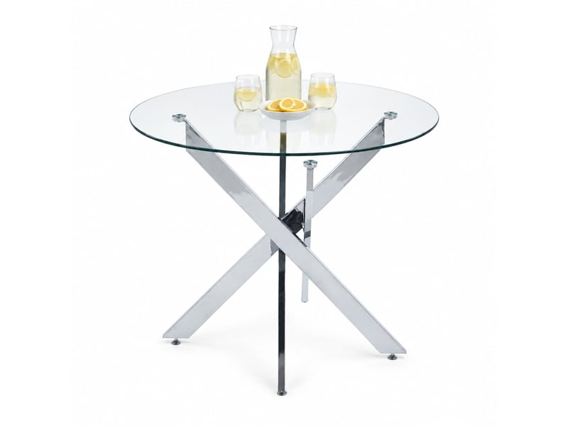  Table à manger ronde 80 x 80 x 75 cm en verre trempé, pieds métal chromé argenté  - Conforama A