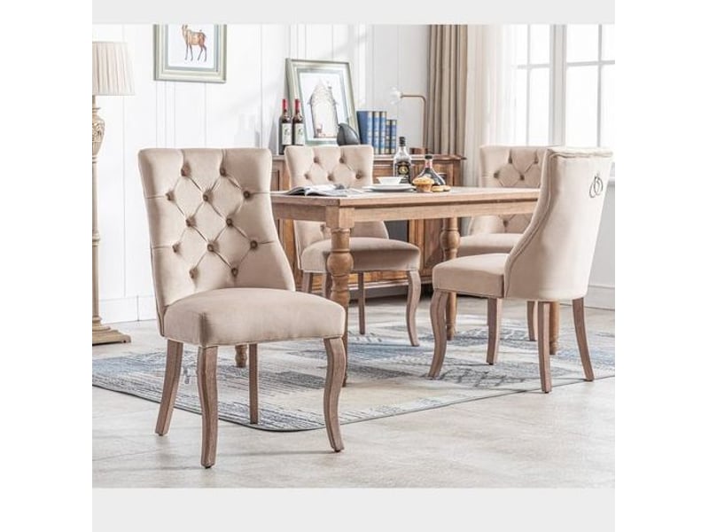  Lot de 4 chaises salle à manger 51x47x97 cm en velours beige, dossier élevé capitonné à boutons  - Conforama D