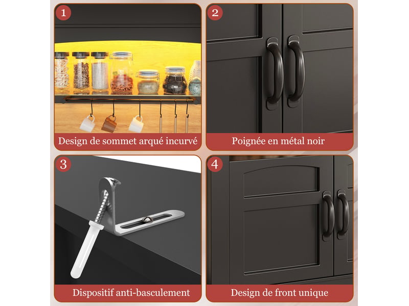  Buffet de cuisine haut en lot de 2 avec 6 portes et 6 étagères latérales, 12 crochets et éclairage led, en mdf noir  - Conforama D
