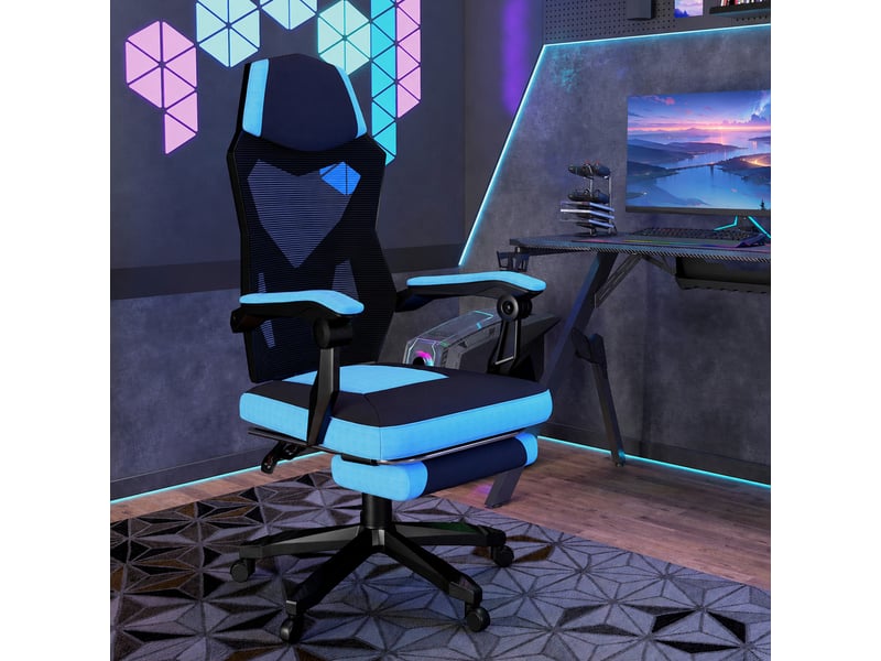  Fauteuil de jeu avec repose-pieds, hauteur réglable et dossier inclinable à 135°, 58 x 63 x 112-122 cm, bleu et noir  - Conforama C