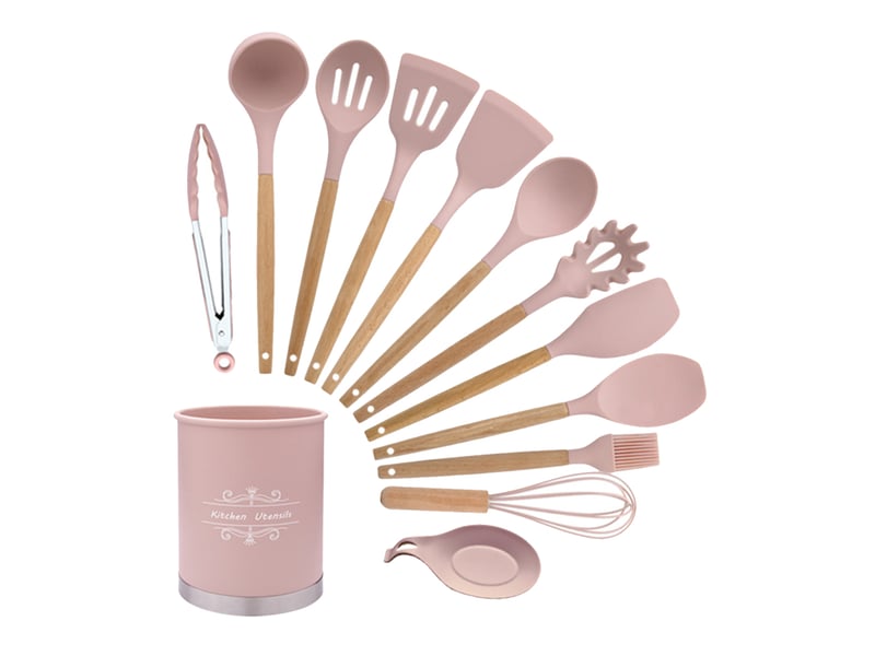 Ensemble de 13 ustensiles de cuisine en silicone rose avec seau de rangement et poêle antiadhésive - Conforama A