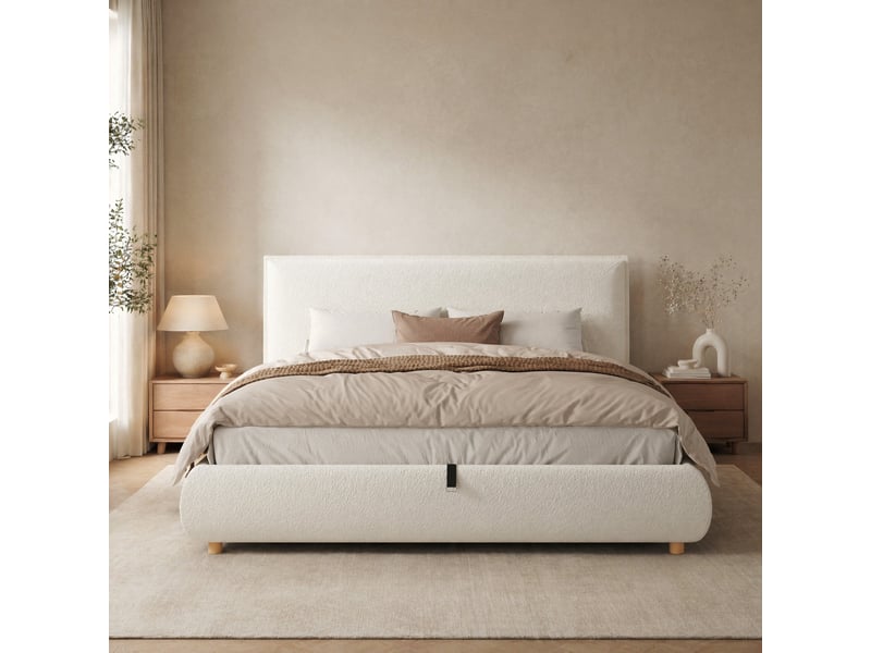  Lit double coffre 180 x 200 cm blanc en bouclé avec sommier à lattes  - Conforama C