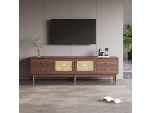 Meuble tv moderne effet bois foncé 180 cm avec 2 portes cannage rotin et 4 tiroirs, gestion câbles pour tv jusqu'à 80 pouces
