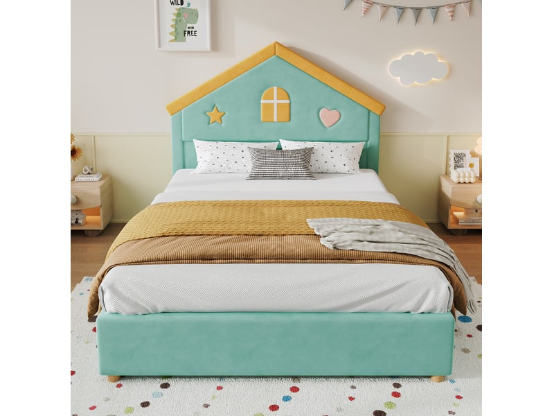  Lit enfant 140x200 cm en velours bleu-vert, 4 tiroirs et tête de lit maison  - Conforama D
