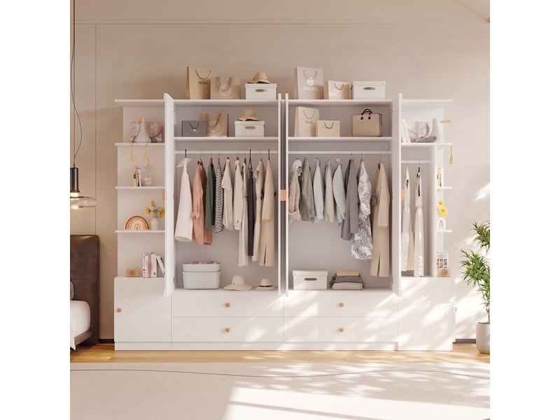  Armoire 6 portes 270 x 45 x 200 cm, portes battantes, 4 tringles à vêtements, 4 tiroirs, grand espace de rangement, blanc Bliss Lite - Conforama E