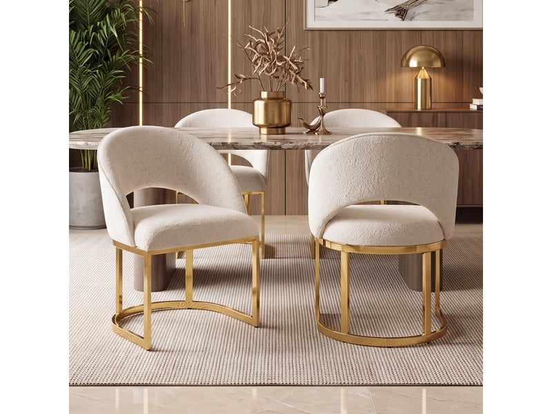  Chaises de salle à manger 2 pièces confortables respirantes style moderne pieds dorés boucle beige doré  - Conforama D