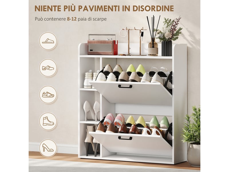  Étagère à chaussures mince avec 2 tiroirs inclinables et 3 compartiments ouverts, capacité 15 paires de chaussures, 83 x 24 x 90,5 cm, blanche  - Conforama E