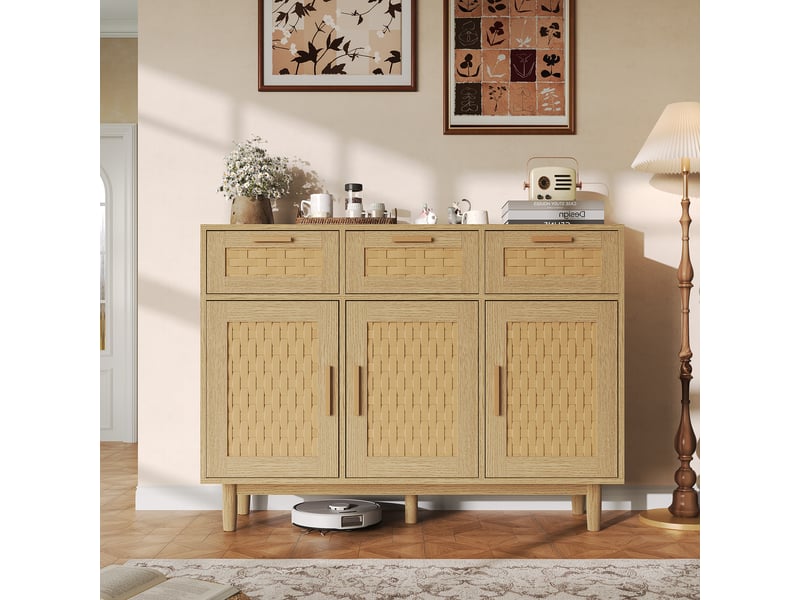  Buffet en osier avec 3 tiroirs et 3 portes, 107,9 x 40 x 80 cm, espace de rangement, couleur bois  - Conforama C