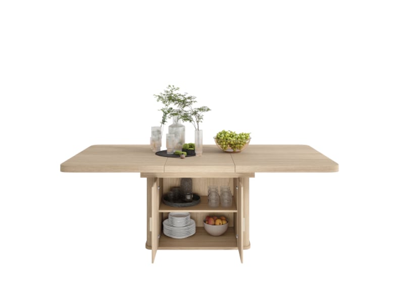  Table de salle à manger extensible, pour 6 à 8 personnes, rangement intégré, plateau épaissi, style scandinave, 150200×90 cm, chêne  - Conforama A