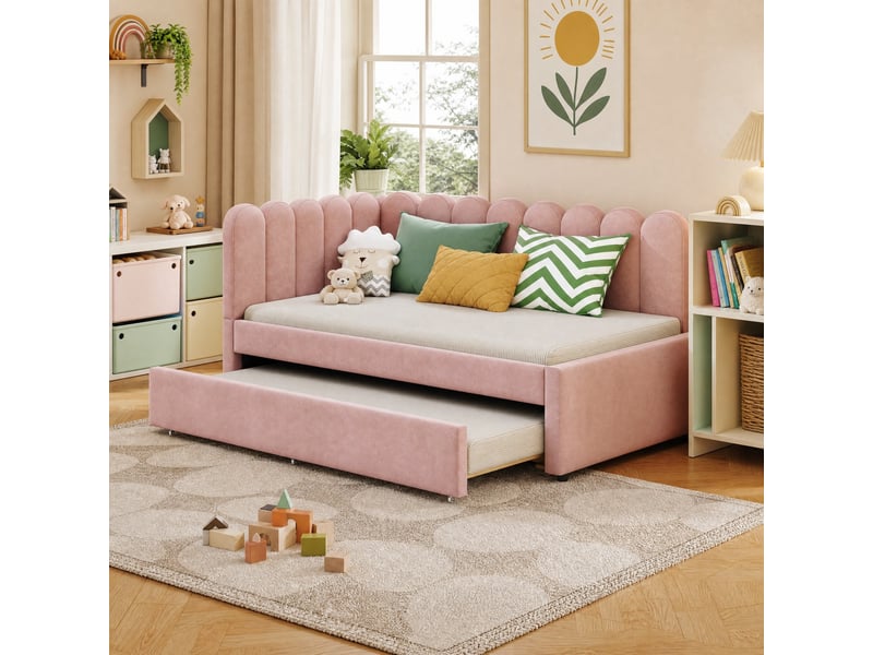  Lit gigogne 140x200 cm en velours rose, dossier en l à motif pétale  - Conforama C