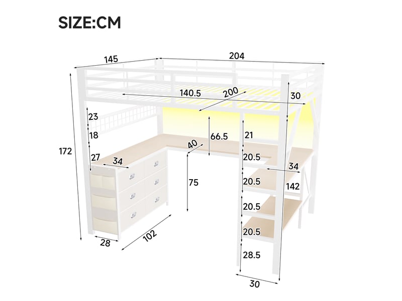  Lit mezzanine gaming 140x200cm en métal avec bureau en u,éclairage led,panneau perforé,6 tiroirs,lit superposé avec penderie,sans matelas,blanc  - Conforama C