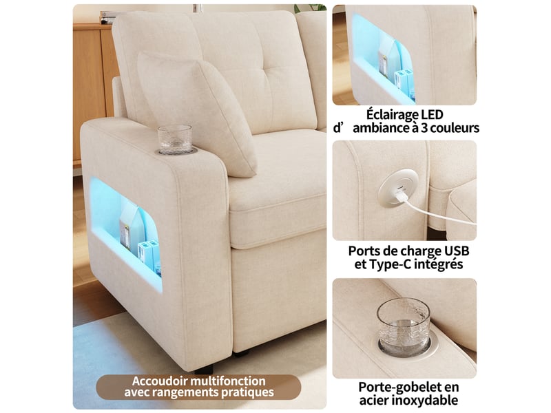  Canapé droit convertible 2 places 141,5x131x83,5 cm en chenille avec led, usb type-c, porte-gobelets et rangement - beige  - Conforama E