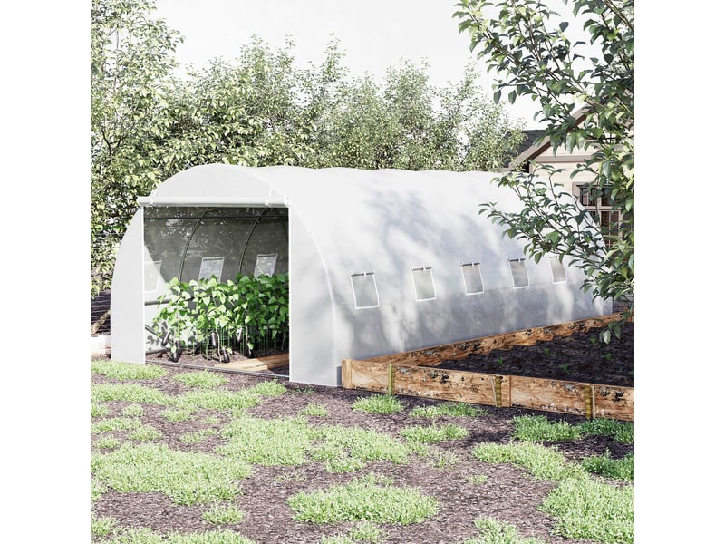  Serre tunnel jardin 6x3x2 m, porte enroulable, 12 fenêtres, pe 140 gm², métal galvanisé, blanche, planteslégumes.  - Conforama D